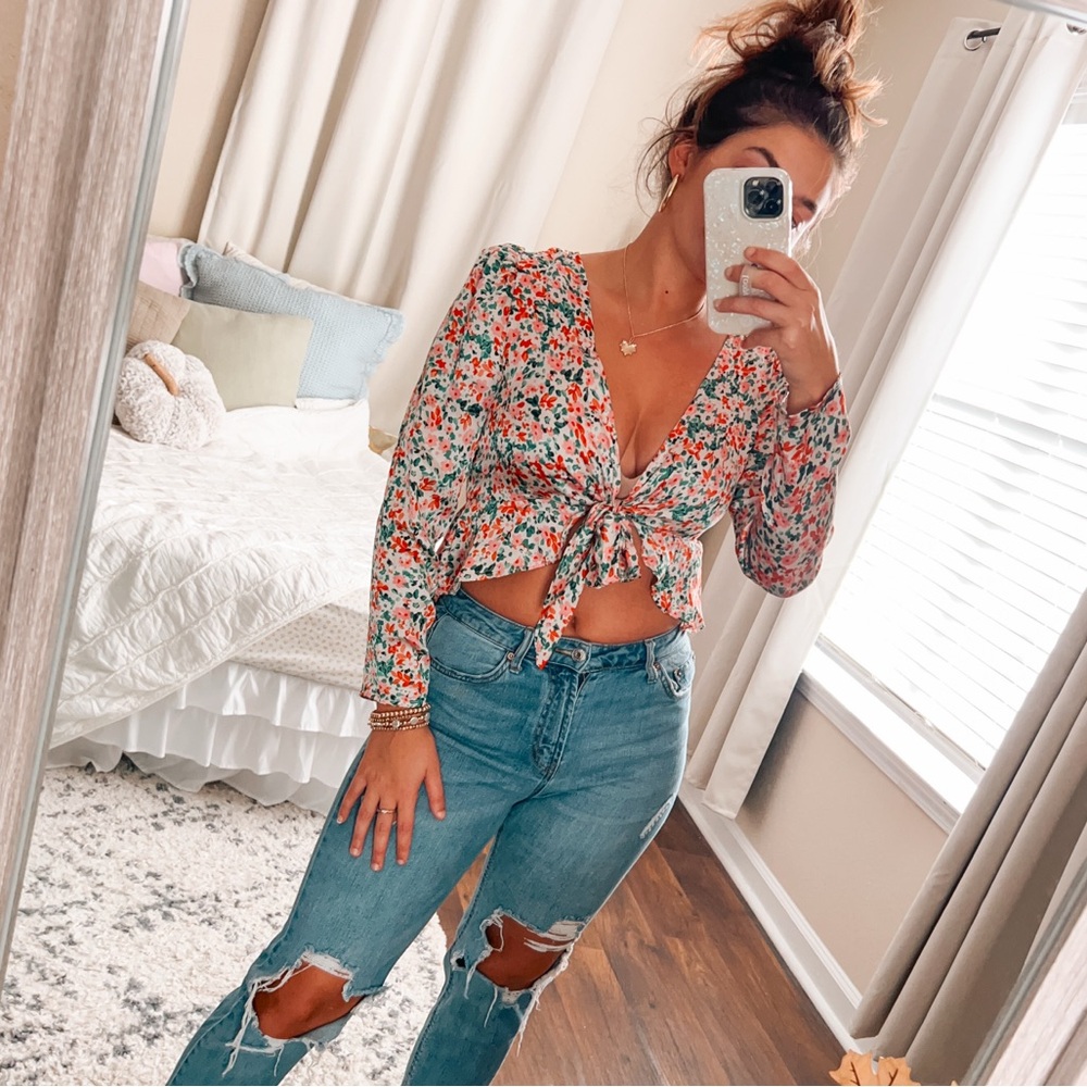 (dress forum) silky soft floral print front-tie pink & green long sleeve blouse